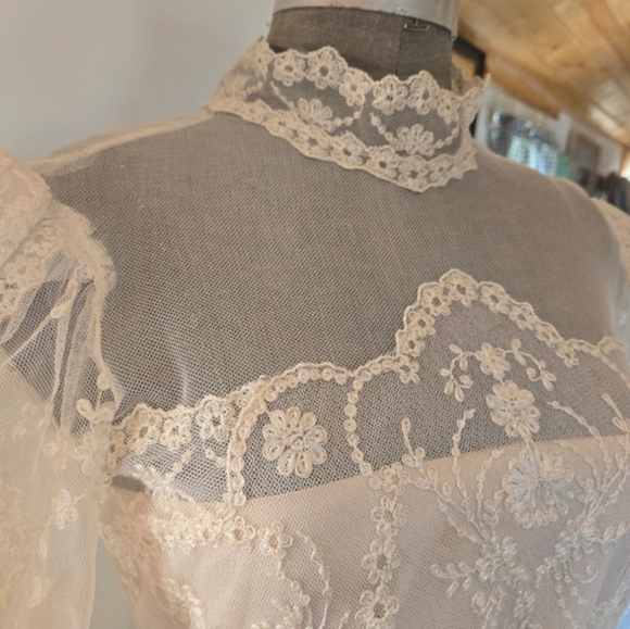 Vintage 1980s ILGWU Champagne Floral Lace High Neck Sheer Dress, SIZE S - Picture 7 of 16